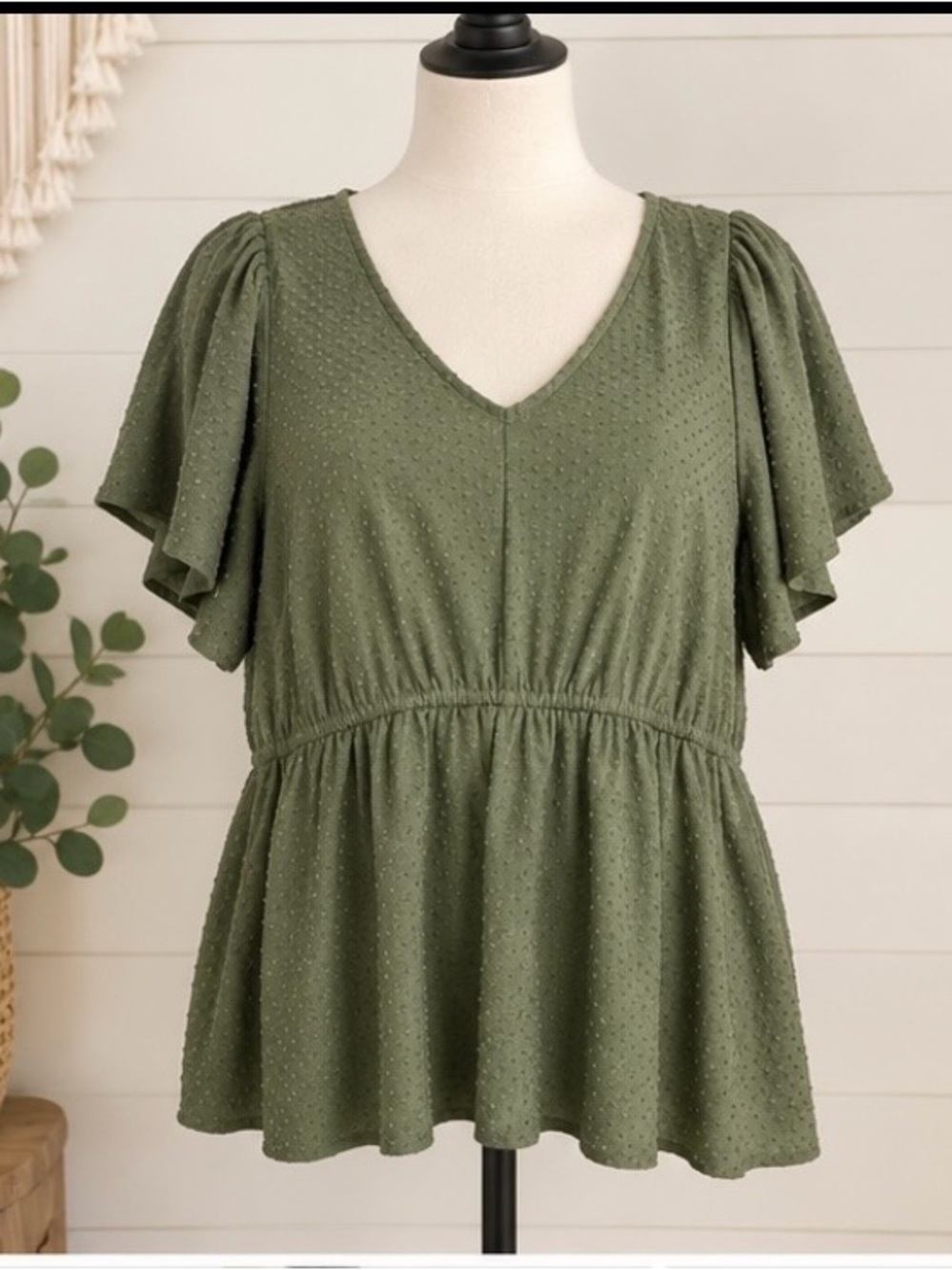 Lane Bryant Olive Green V-Neck Peplum Blouse